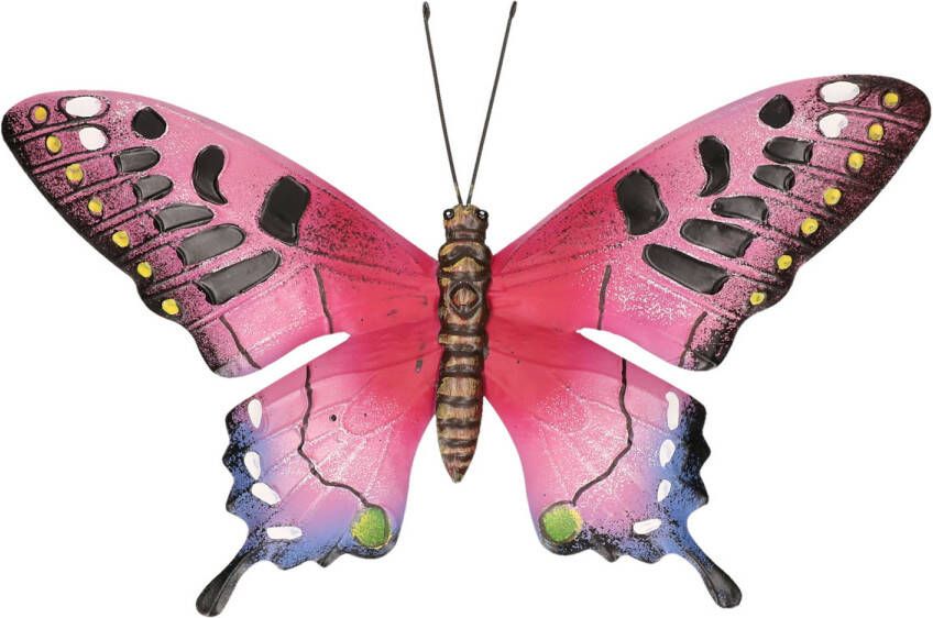 Anna&apos;s Collection Roze zwarte metalen tuindecoratie vlinder 37 cm Tuinbeelden