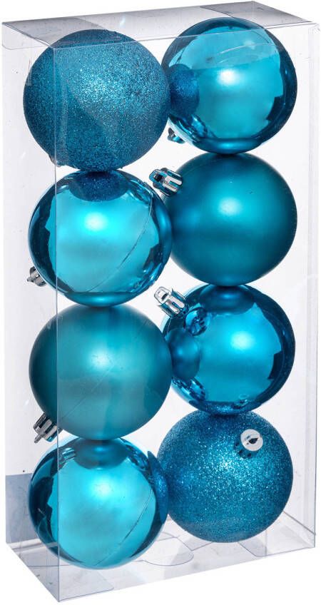 Atmosphera 8x stuks kerstballen turquoise blauw glans en mat kunststof 7 cm Kerstbal