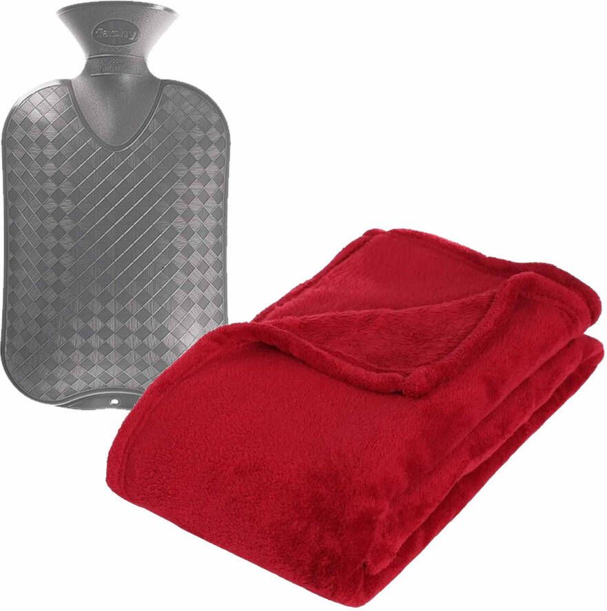 Atmosphera Fleece deken plaid Rood 125 x 150 cm en een warmwater kruik 2 liter Plaids