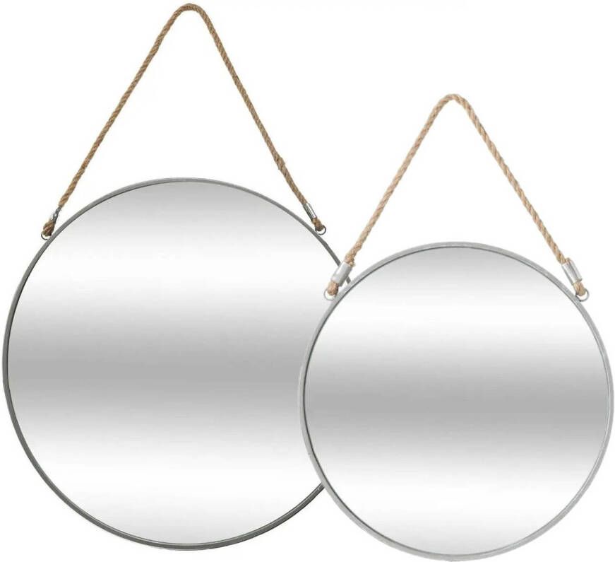 Atmosphera Set van 2x spiegels wandspiegels rond metaal grijs met touw Spiegels