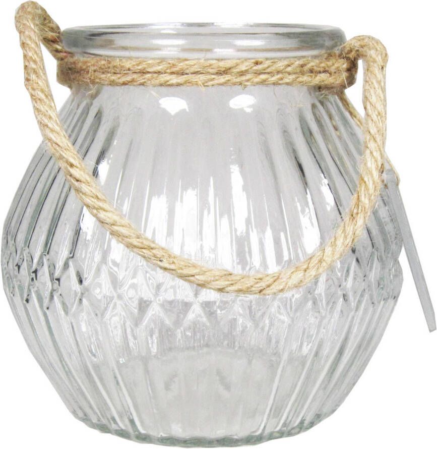 Bela Arte Glazen ronde windlicht Crystal 2 5 liter met touw hengsel handvat 16 x 14 5 cm Waxinelichtjeshouders