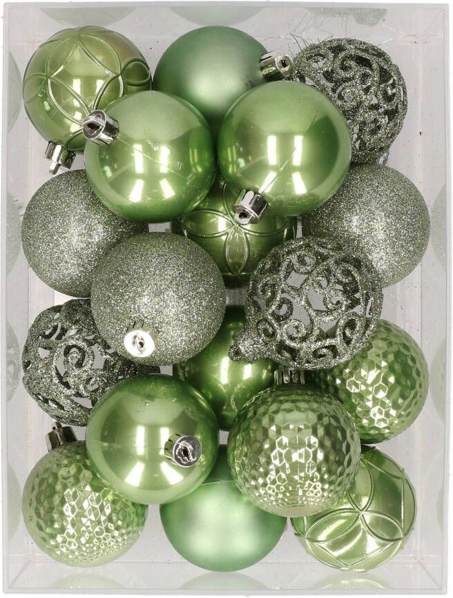 Bellatio Decorations 37x stuks kunststof kerstballen lichtgroen 6 cm glans mat glitter mix Kerstbal