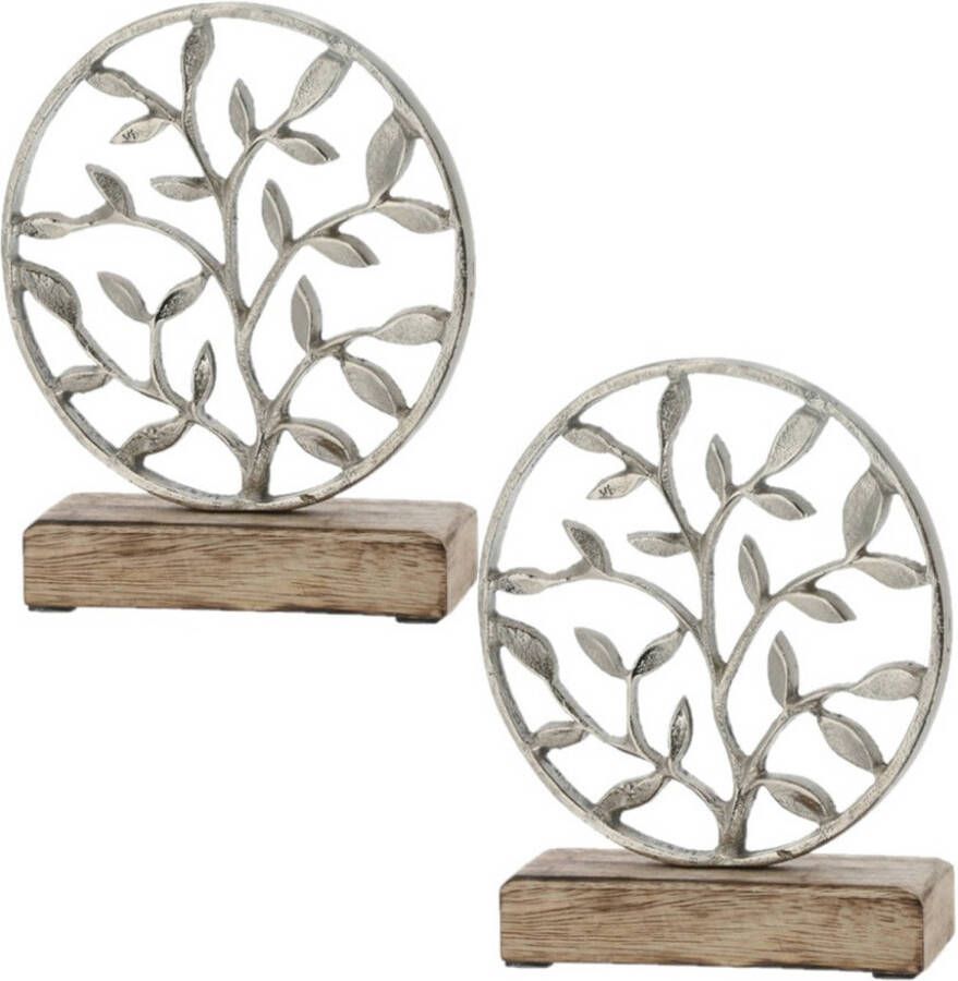 Cepewa 2x Stuks decoratie levensboom rond van aluminium op houten voet 20 cm zilver Beeldjes