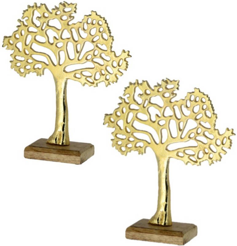 Cepewa 2x Stuks decoratie levensboom van aluminium op houten voet 30 cm goud Beeldjes