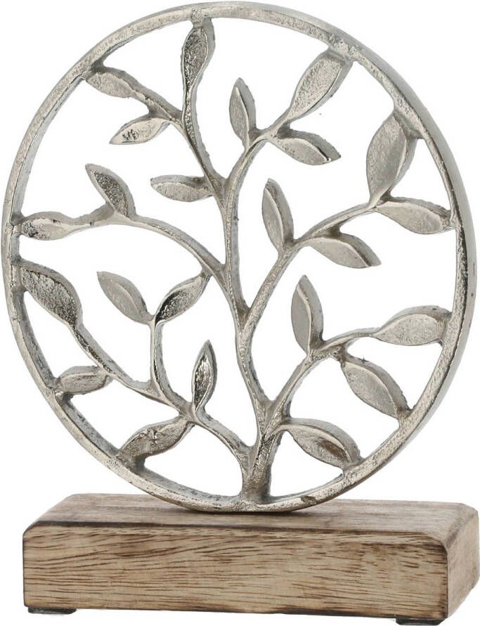Cepewa Decoratie levensboom rond van aluminium op houten voet 20 cm zilver Beeldjes