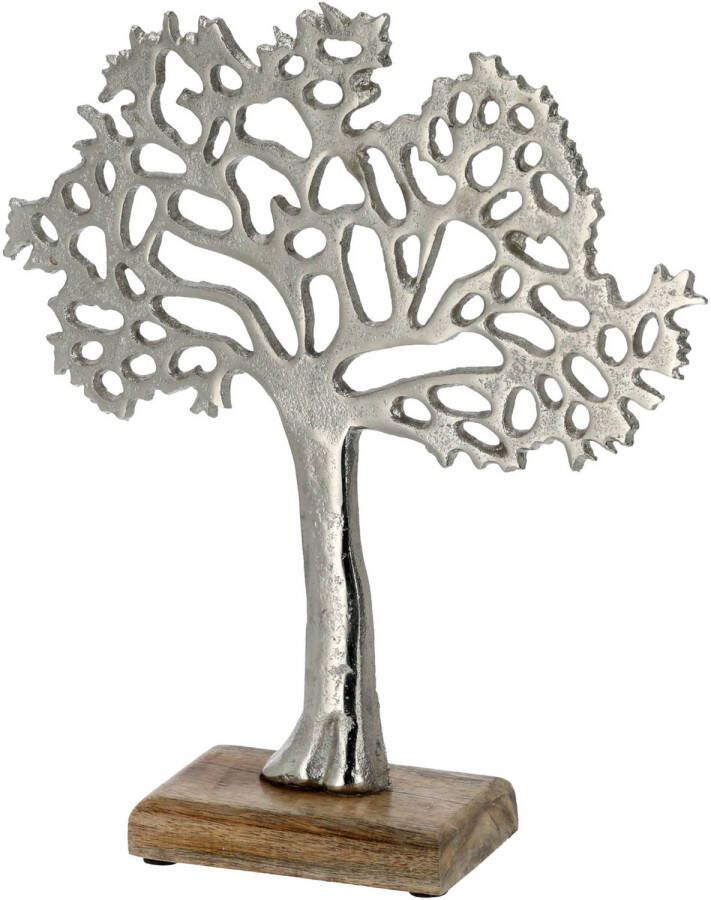 Cepewa Decoratie levensboom van aluminium op houten voet 25 cm zilver Beeldjes