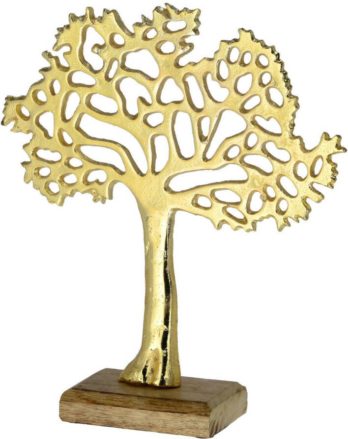 Cepewa Decoratie levensboom van aluminium op houten voet 30 cm goud Tree of life Beeldjes