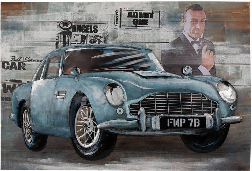 Clayre & Eef 3D Schilderijen metaal 120x80 cm Blauw Groen IJzer Hout Auto Muurdecoratie Blauw Muurdecoratie