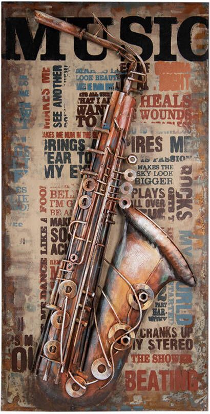 Clayre & Eef Schilderij 100x6x50 cm Bruin Ijzer Rechthoek Saxofoon Muurdecoratie Bruin Muurdecoratie