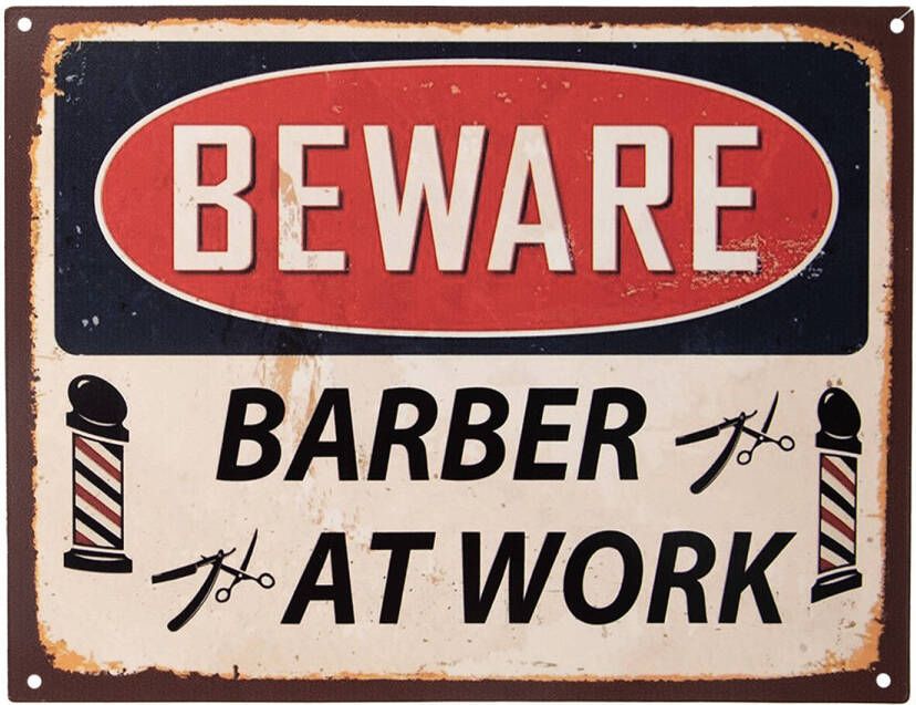 Clayre & Eef Tekstbord 33x25 cm Beige Rood Ijzer Barber at work Wandbord Beige Wandbord