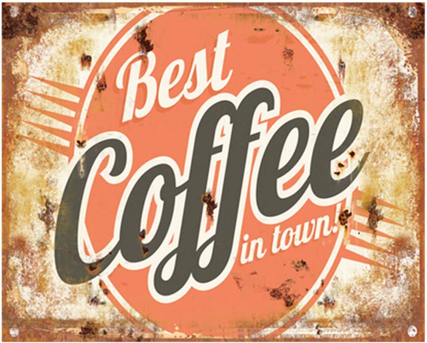 Clayre & Eef Tekstbord 33x25 cm Oranje Ijzer Rechthoek Best Coffee in town Wandbord Oranje Wandbord