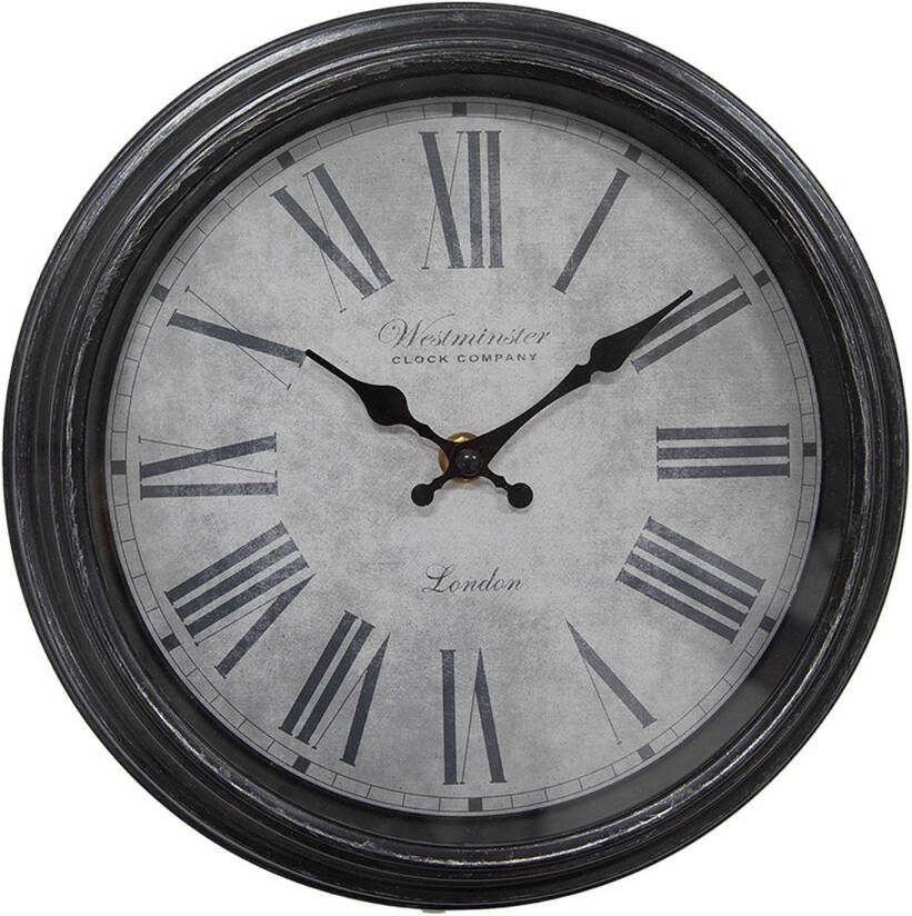 Clayre & Eef Wandklok Ø 25x4 cm Zwart Grijs Kunststof Glas Westminster Clock Company London Muurklok Zwart Muurklok