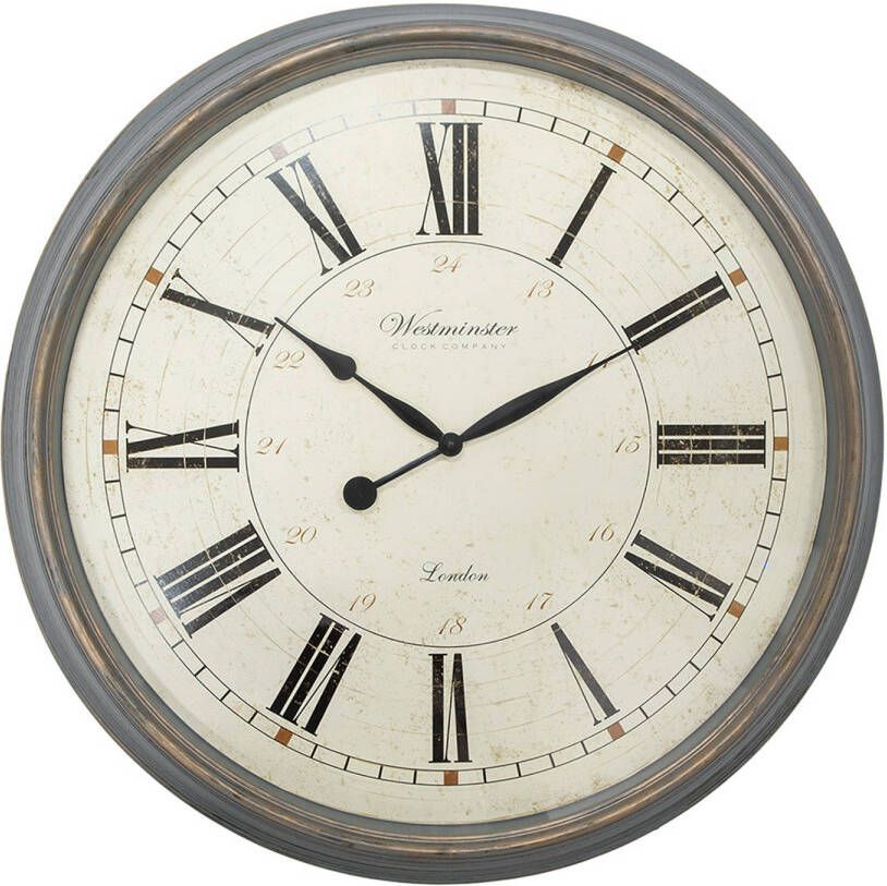 Clayre & Eef Wandklok Ø 76x6 cm Grijs Beige Kunststof Glas Westminster Clock Company London Muurklok Grijs Muurklok