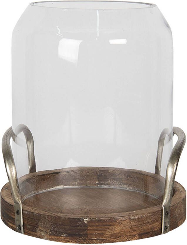 Clayre & Eef Windlicht Ø 22*27 cm Hout Glas Rond Kaarsenhouder Sfeerverlichting Transparant Kaarsenhouder