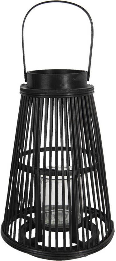 Clayre & Eef Windlicht Ø 28x40 cm Zwart Hout Glas Rond Kaarsenhouder Zwart Kaarsenhouder