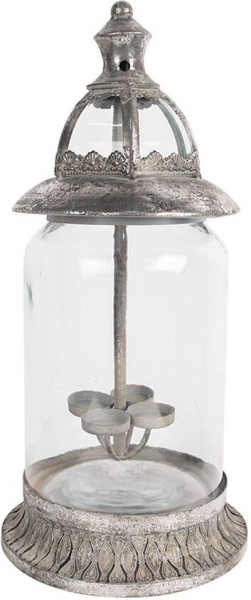 Clayre & Eef Windlicht 44 cm Zilverkleurig Ijzer Glas Kaarsenhouder Zilverkleurig Kaarsenhouder