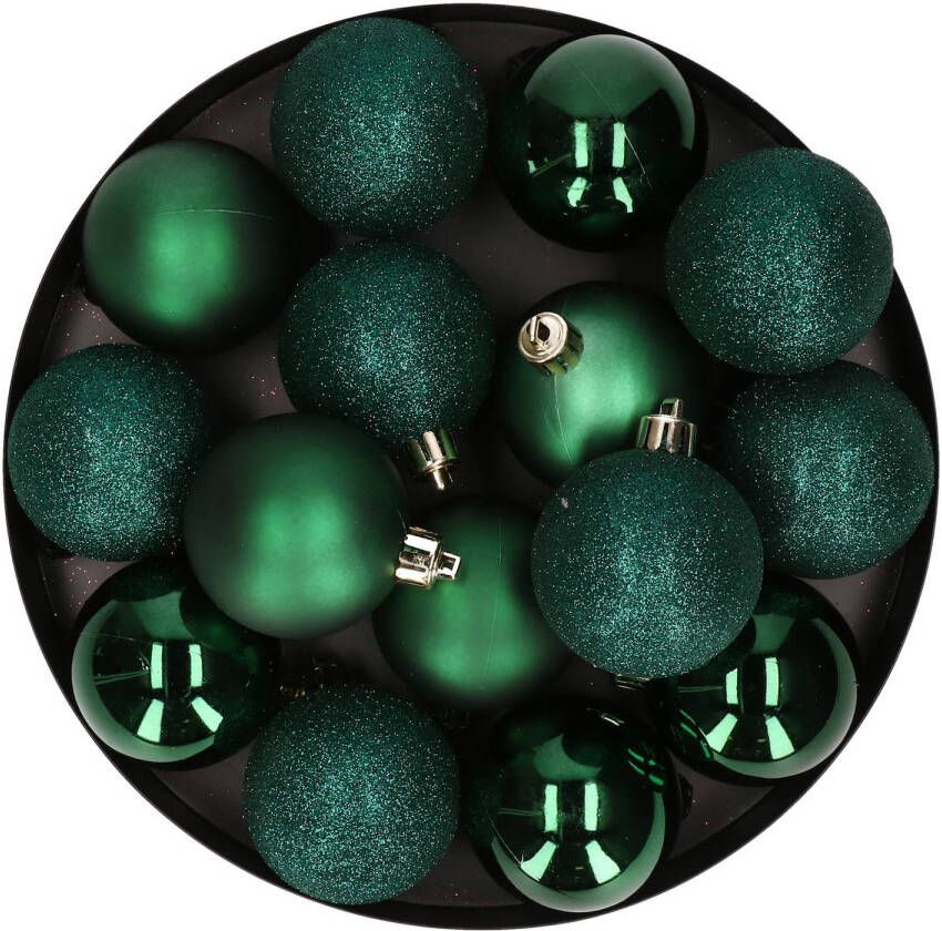 Cosy & Trendy 12x stuks kunststof kerstballen donkergroen 6 cm mat glans glitter Kerstbal