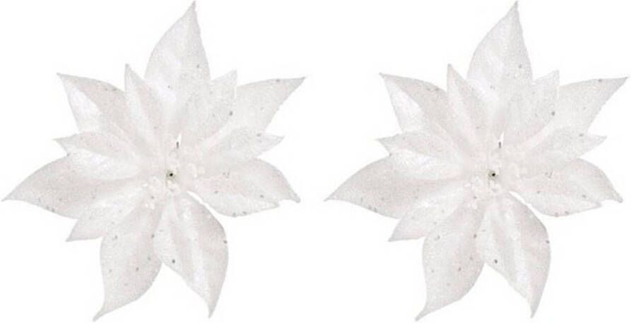 Cosy & Trendy 2x Kerstversieringen kerststerren bloemen wit op clip Kersthangers
