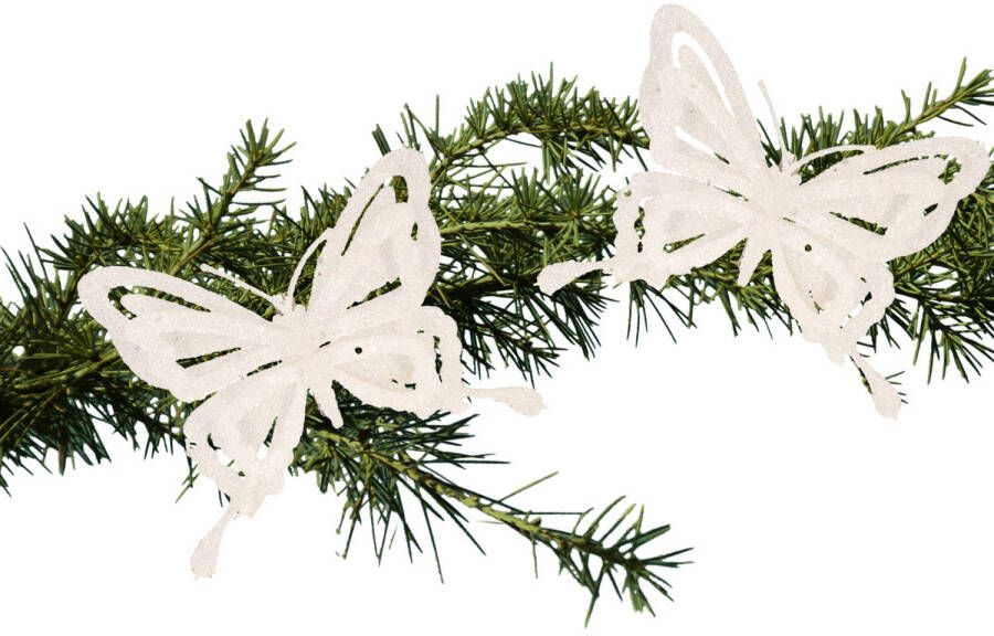 Cosy & Trendy 2x stuks kerstboom decoratie vlinders op clip glitter wit 14 cm Kersthangers