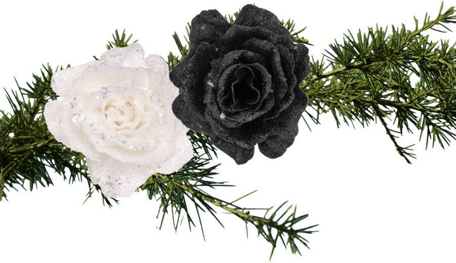 Cosy & Trendy Kerst bloemen op clip 2x st wit en zwart 10 cm Kersthangers