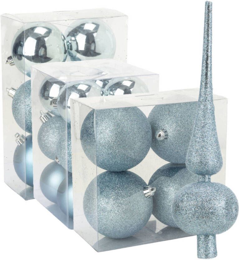 Cosy & Trendy Kerstversiering set kerstballen met piek ijsblauw 6 8 10 cm pakket van 63x stuks Kerstbal