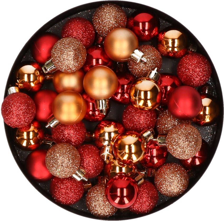 Cosy & Trendy Kleine kunststof kerstversiering 40x stuks set en 3 cm kerstballen in het koper en rood Kerstbal