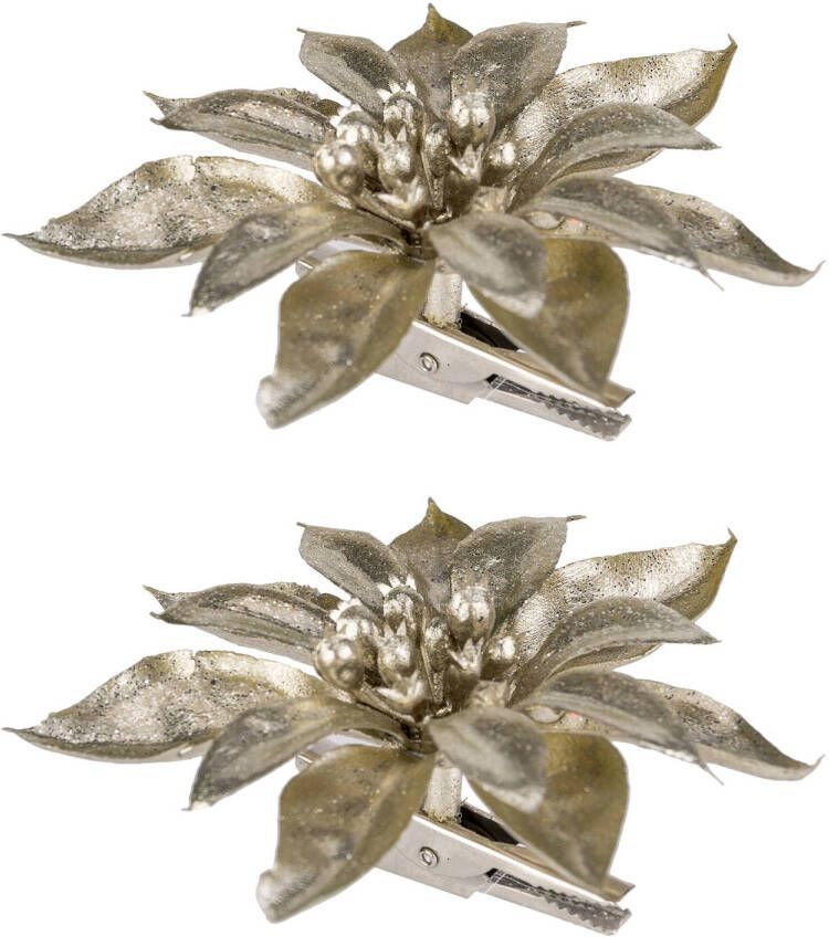 Cosy & Trendy 2x stuks decoratie bloemen kerstster champagne glitter op clip 9 cm Kunstbloemen
