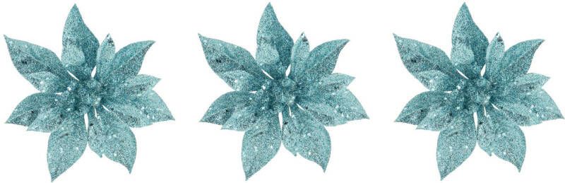 Cosy @ Home 3x stuks decoratie bloemen kerststerren ijsblauw glitter op clip 15 cm Decoratiebloemen kerstboomversiering Kunstbloemen