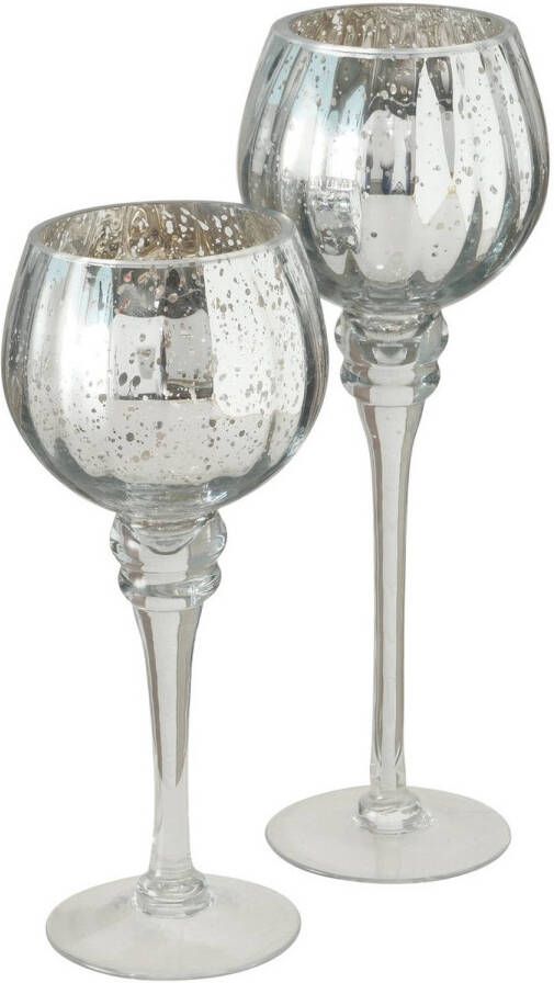 Deco by Boltze Luxe glazen design kaarsenhouders windlichten set van 2x stuks metallic zilver met formaat tussen de 25 en 30 cm Windlichten