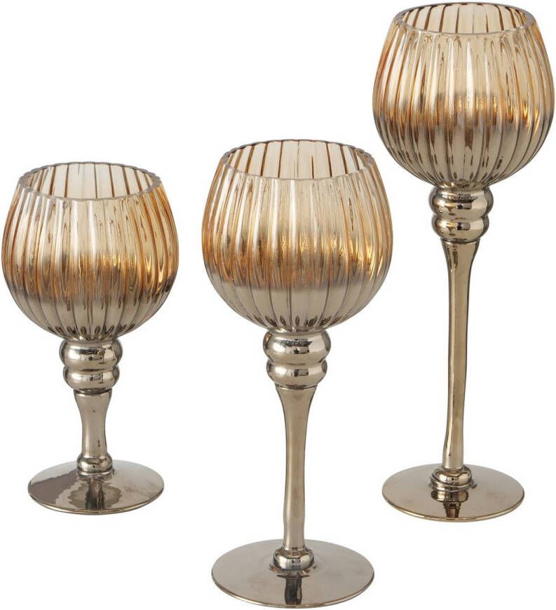 Deco by Boltze Luxe glazen design kaarsenhouders windlichten set van 3x stuks brons metallic transparant met formaat tussen de 20 en 30 cm Waxinelichtjeshouders