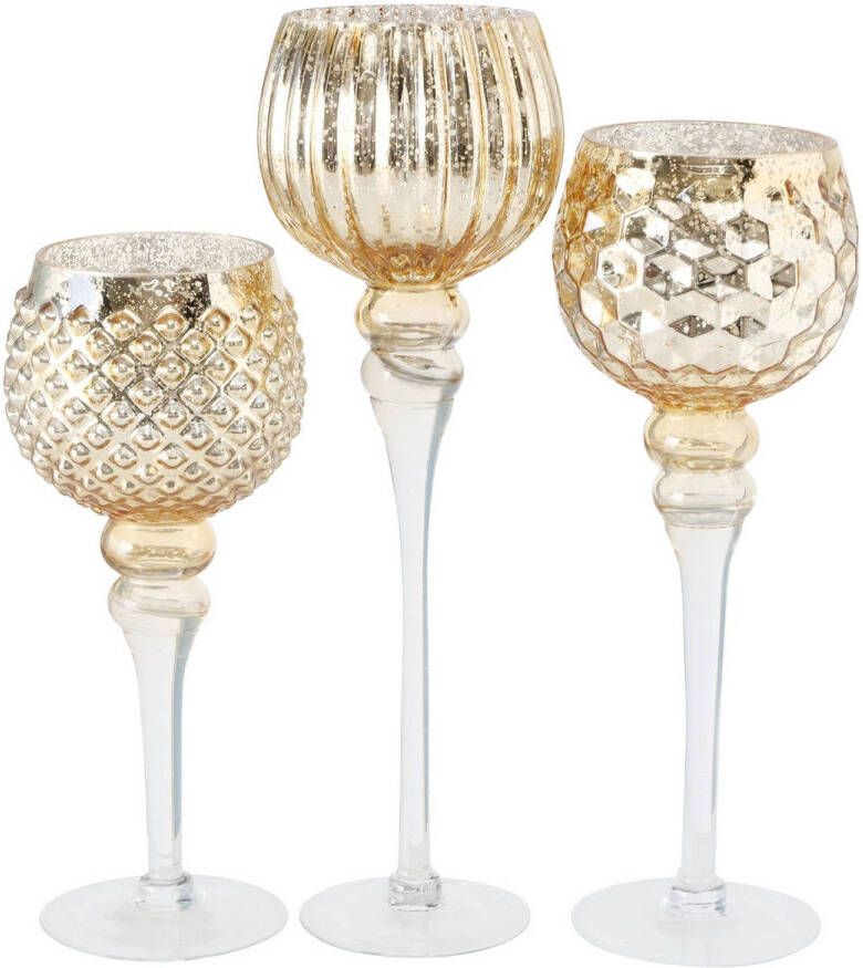 Deco by Boltze Luxe glazen design kaarsenhouders windlichten set van 3x stuks goud transparant met formaat tussen de 30 en 40 cm Waxinelichtjeshouders