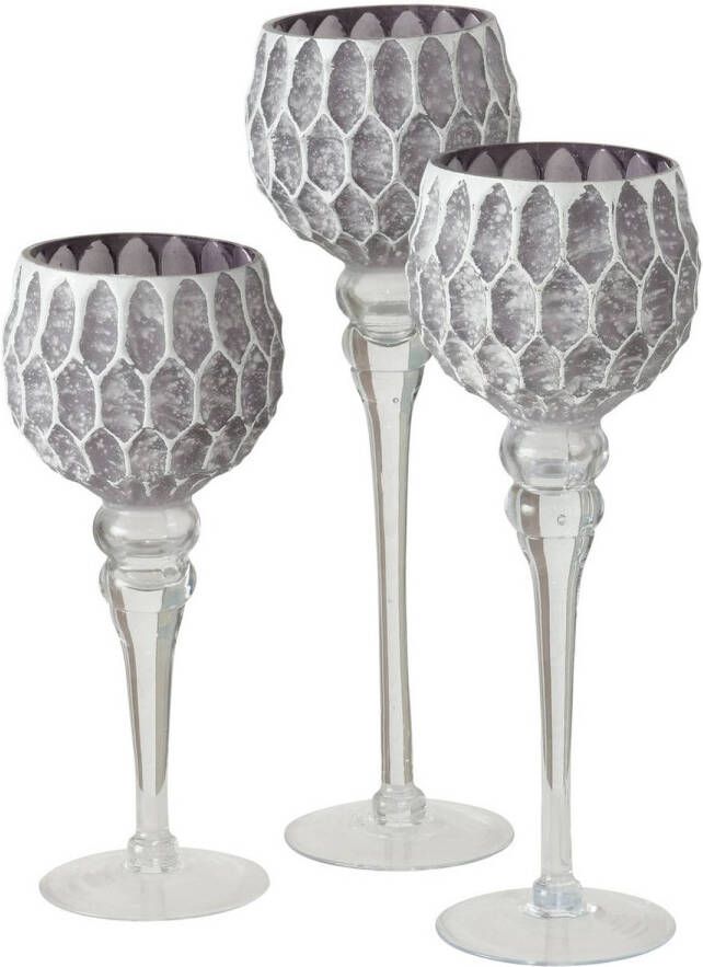 Deco by Boltze Luxe glazen design kaarsenhouders windlichten set van 3x stuks lichtgrijs zilver met formaat tussen de 30 en 40 cm Windlichten