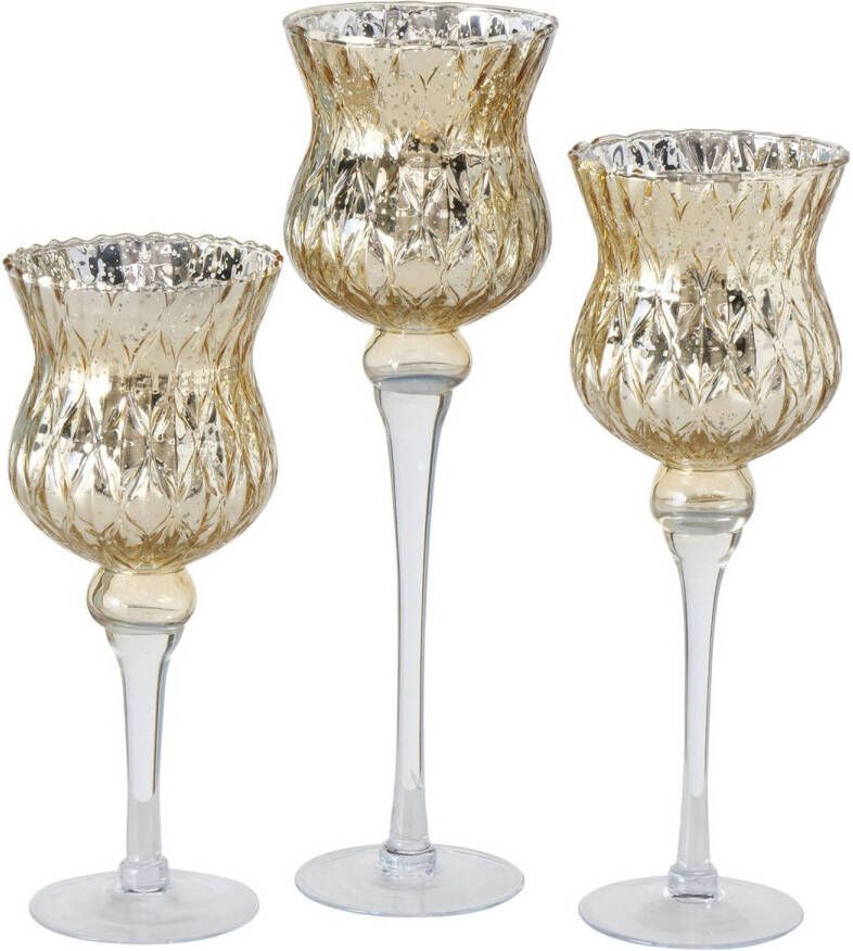Deco by Boltze Luxe glazen design kaarsenhouders windlichten set van 3x stuks metallic goud met formaat tussen de 30 en 40 cm Windlichten