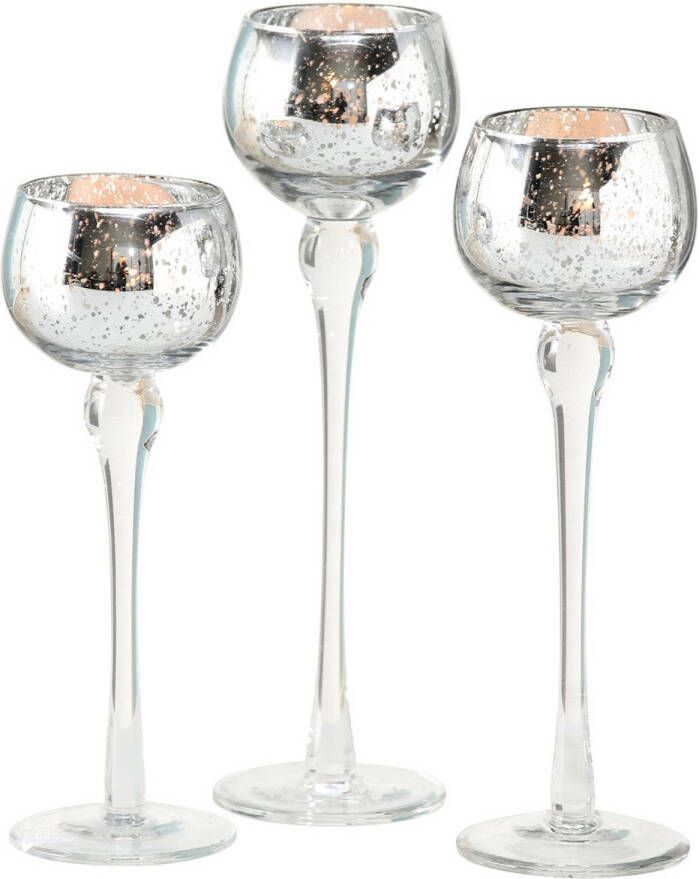 Deco by Boltze Luxe glazen design kaarsenhouders windlichten set van 3x stuks zilver transparant met formaat tussen de 18 en 22 cm Waxinelichtjeshouders