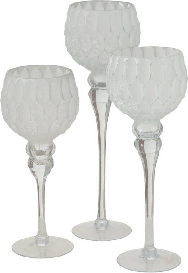 Deco by Boltze Luxe glazen design kaarsenhouders windlichten set van 3x stuks zilver wit met formaat tussen de 30 en 40 cm Windlichten