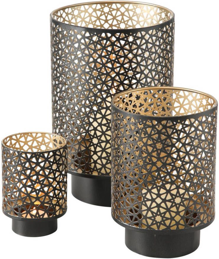 Deco by Boltze Set van 3x stuks windlichten zwart goud van metaal tussen de 13 en 27 cm hoogte Vulling met theelichtjes of stompkaarsen Windlichten