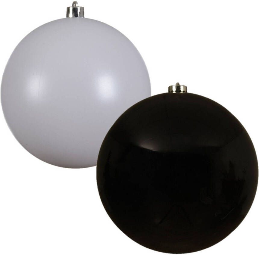 Decoris 2x stuks grote kerstballen van 20 cm glans van kunststof wit en zwart Kerstbal