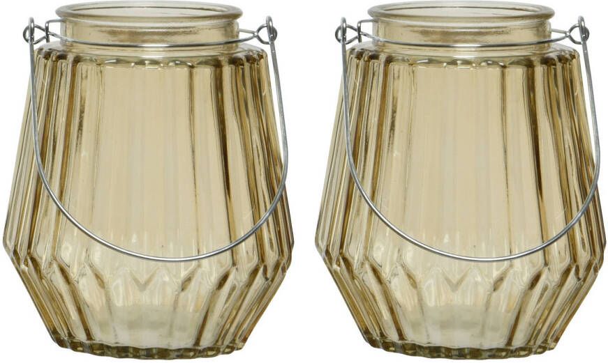 Decoris 2x stuks theelichthouders waxinelichthouders streepjes glas taupe met metalen handvat 11 x 13 cm Waxinelichtjeshouders