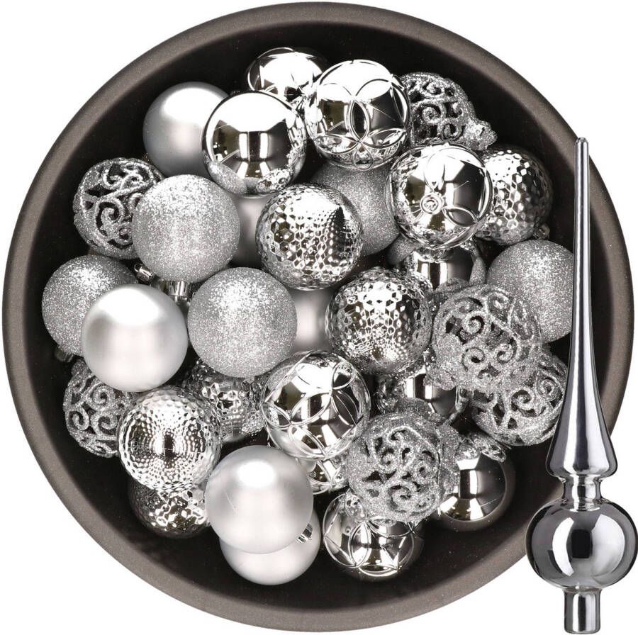 Decoris 37x stuks kunststof kerstballen 6 cm incl. glazen piek glans zilver Kerstbal