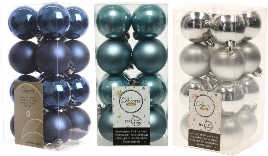 Decoris 48x Stuks kunststof kerstballen mix donkerblauw zilver ijsblauw 4 cm Kerstbal