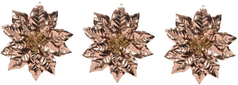 Decoris 4x stuks decoratie bloemen kerstster koper glitter op clip 24 cm Kunstbloemen