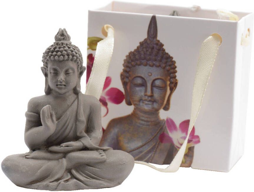 Decoris Boeddha beeld in cadeautasje 5 cm grijs kunststeen Beeldjes