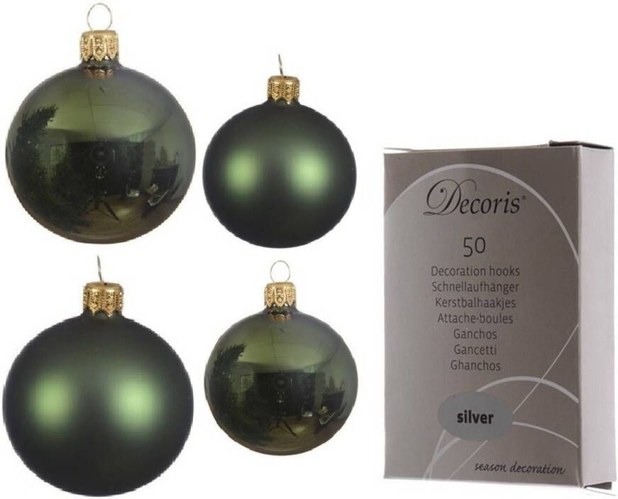 Decoris Glazen kerstballen pakket donkergroen glans mat 38x stuks 4 en 6 cm inclusief haakjes Kerstbal