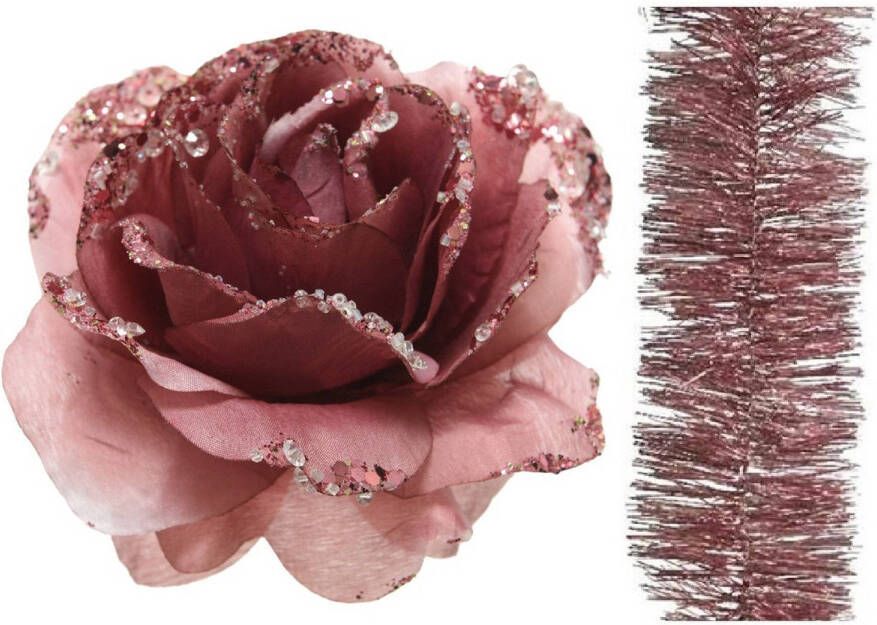 Decoris Kerstversiering kunststof glitter bloemen op clip 14 cm en folieslingers pakket oud roze 5x stuks Kersthangers