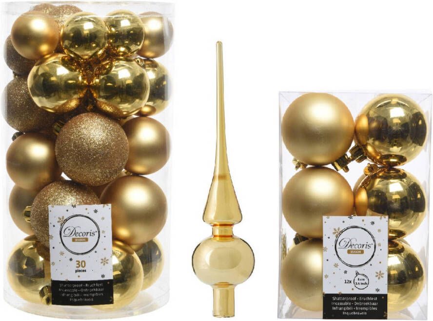 Decoris Kerstversiering kunststof kerstballen met piek goud 4-5-6 cm pakket van 43x stuks Kerstbal