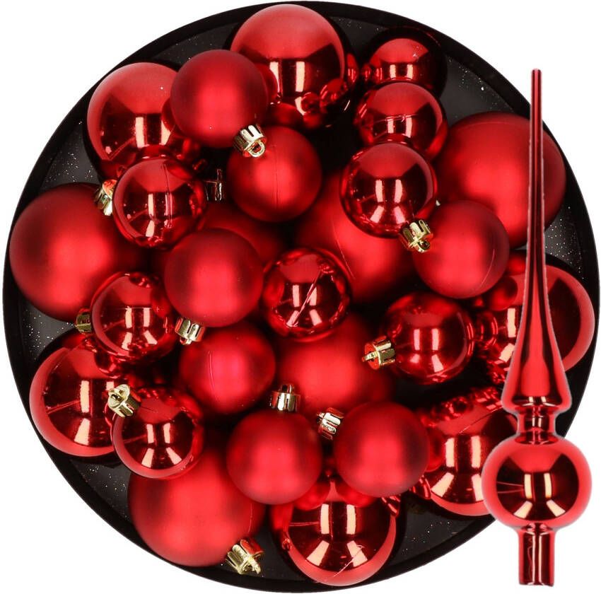 Decoris Kerstversiering kunststof kerstballen met piek rood 6-8-10 cm pakket van 37x stuks Kerstbal