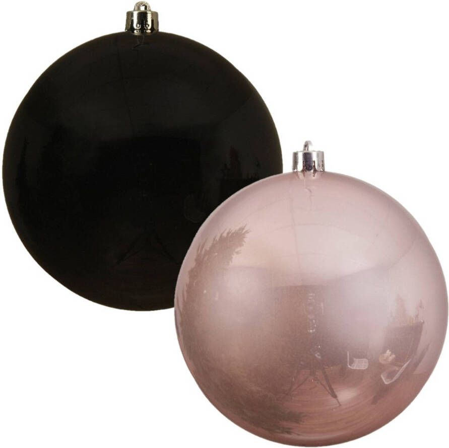 Decoris Kerstversieringen set van 6x grote kunststof kerstballen zwart en lichtroze 14 cm glans Kerstbal