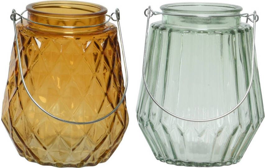 Decoris Set van 2x stuks theelichthouders waxinelichthouders glas cognac en mistgroen 11 x 13 cm Waxinelichtjeshouders