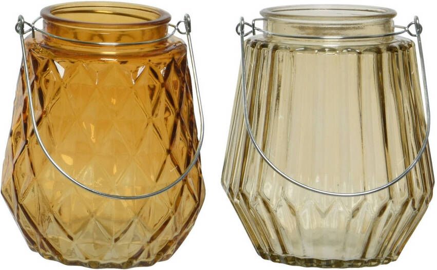 Decoris Set van 2x stuks theelichthouders waxinelichthouders glas cognac en taupe 11 x 13 cm Waxinelichtjeshouders