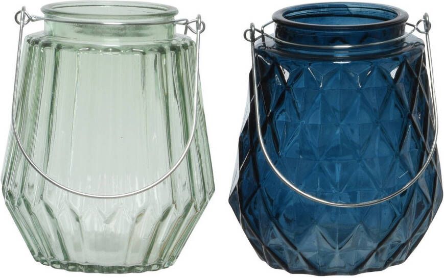Decoris Set van 2x stuks theelichthouders waxinelichthouders glas donkerblauw en mistgroen 11 x 13 cm Waxinelichtjeshouders